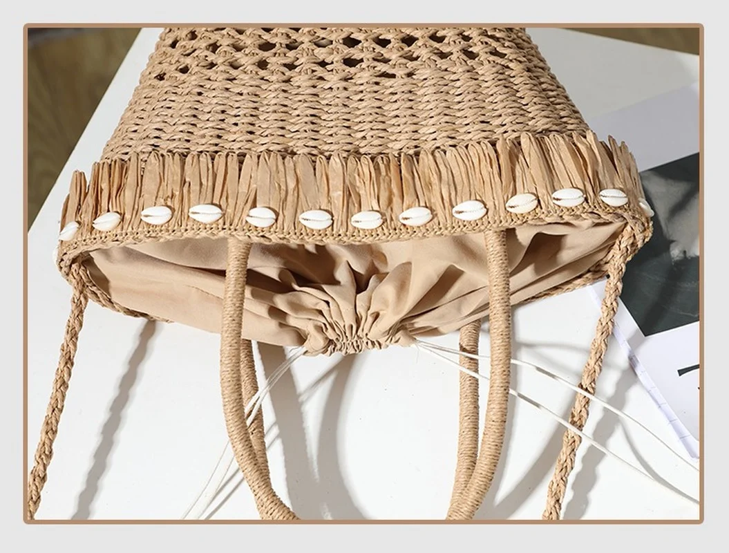 Shell Tassel Straw Woven Bag Woven Bag Women\'s Shoulder Portable Leisure Holiday Hollow Beach Bag Straw Bag New