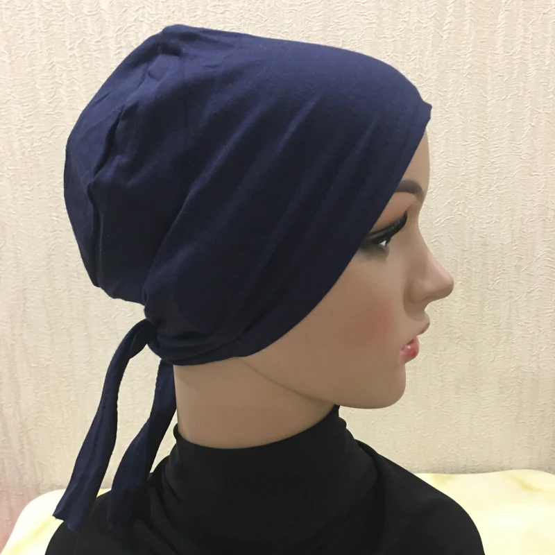 H048 Plain Cotton Tie Back Hats Muslim Turban Pure Color Stretch Inner Hijabs Underscarf Women Head Scarf Under Hijab Bonnet