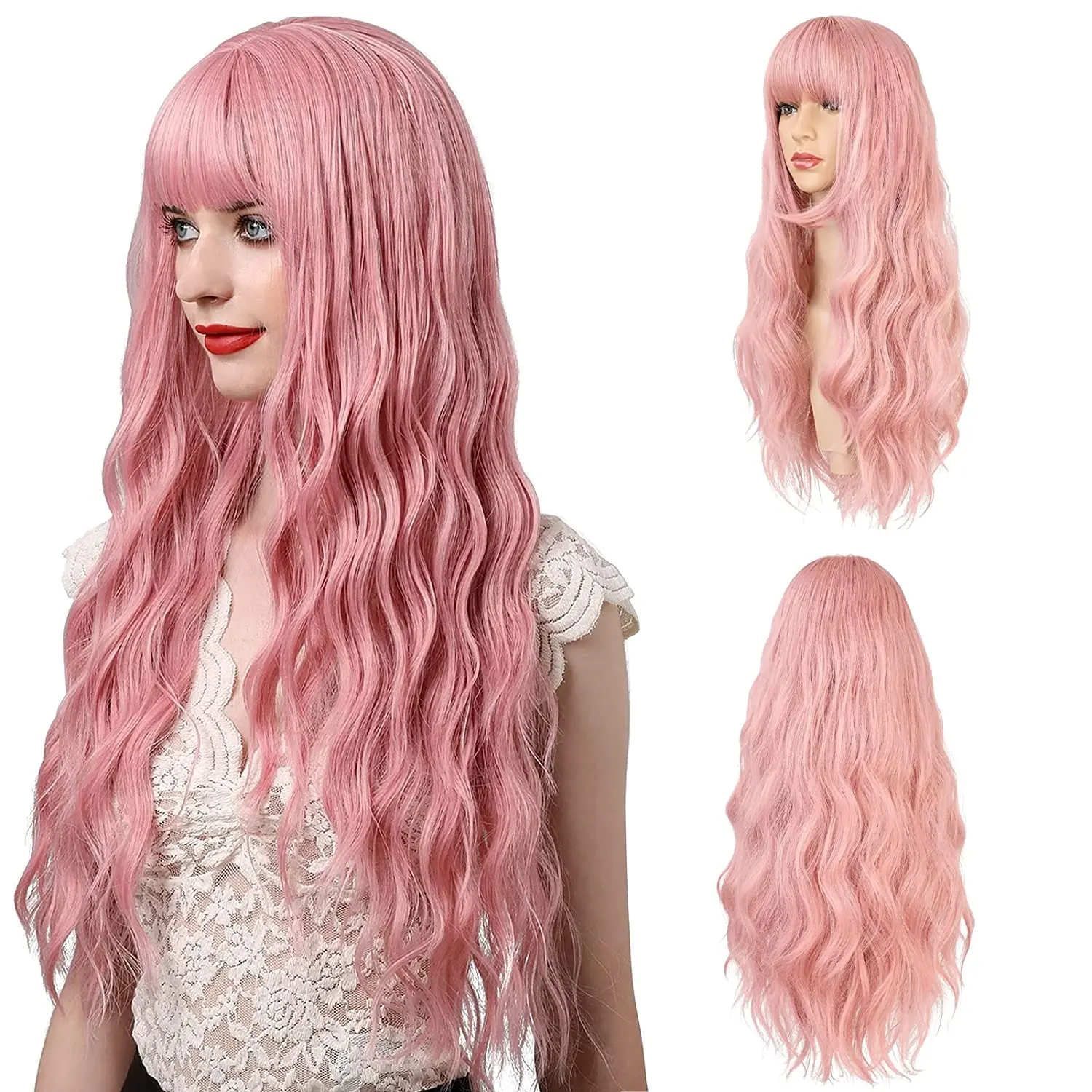 

SANGZI Long Body Wave Pink Synthetic Wigs with Bangs Natural Wave for Women Cosplay Natural Wig Heat Resistant
