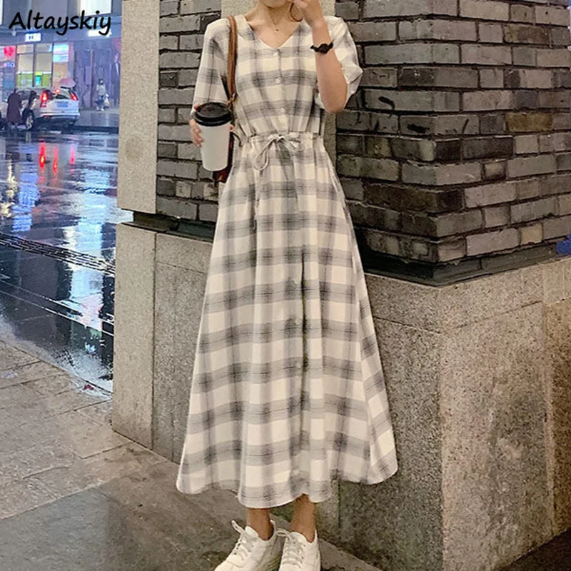 Dresses Women Summer High Street Plaid Students Fashion Korean Style Ankle-length Button Female Hipster Slim Ulzzang Vintage Ins