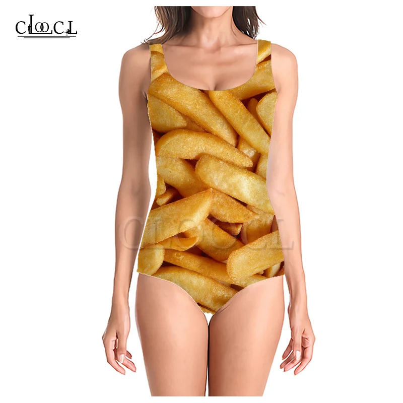 CLOOCL Delicious Fried French Fries 3D Print One-piece Swimwear Women Swimming Bathing Suit Sleeveless Sexy Swimsuit