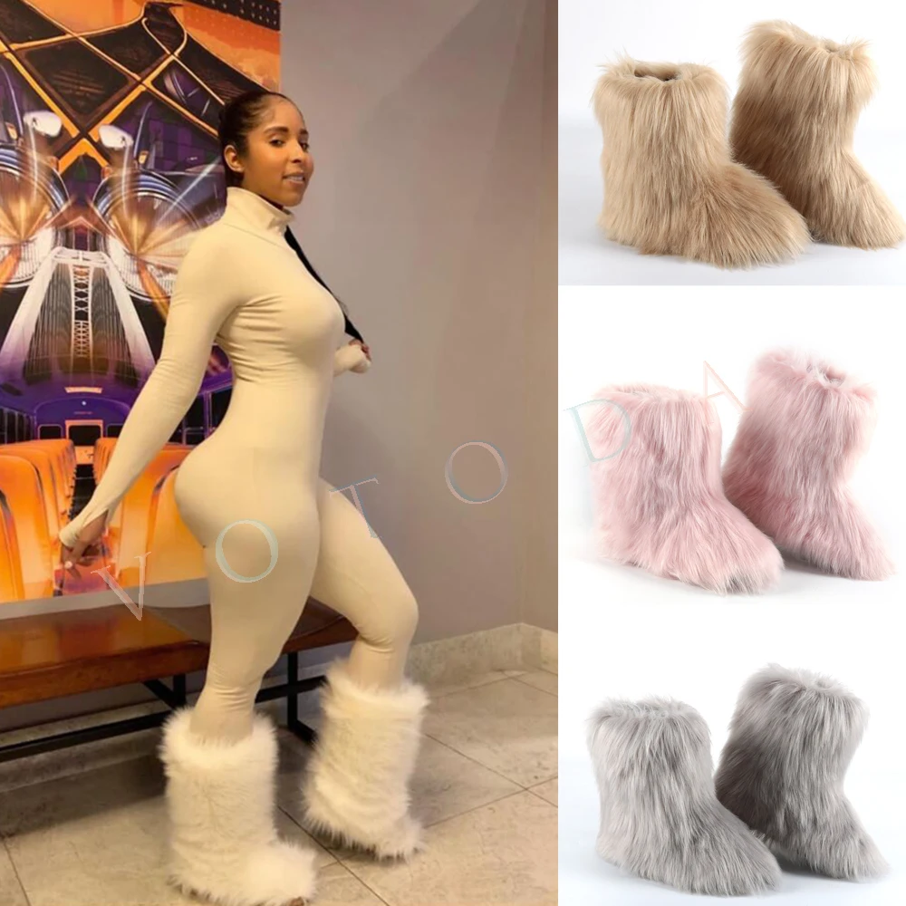 Hot Women Warm Fur Boots Woman Winter Plush Faux Fur Snow Boots Ladies Furry Outdoor Slip On Shoes Female Cozy Fuzzy Cotton Boot