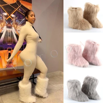 Hot women warm fur boots female winter plush faux fur snow boots ladies furry outdoor slip on shoes woman casual fuzzy cotton boots