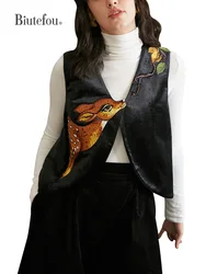 Women's Velvet Vest, Fawn Branch Embroidery, Original Design, Spring and Autumn