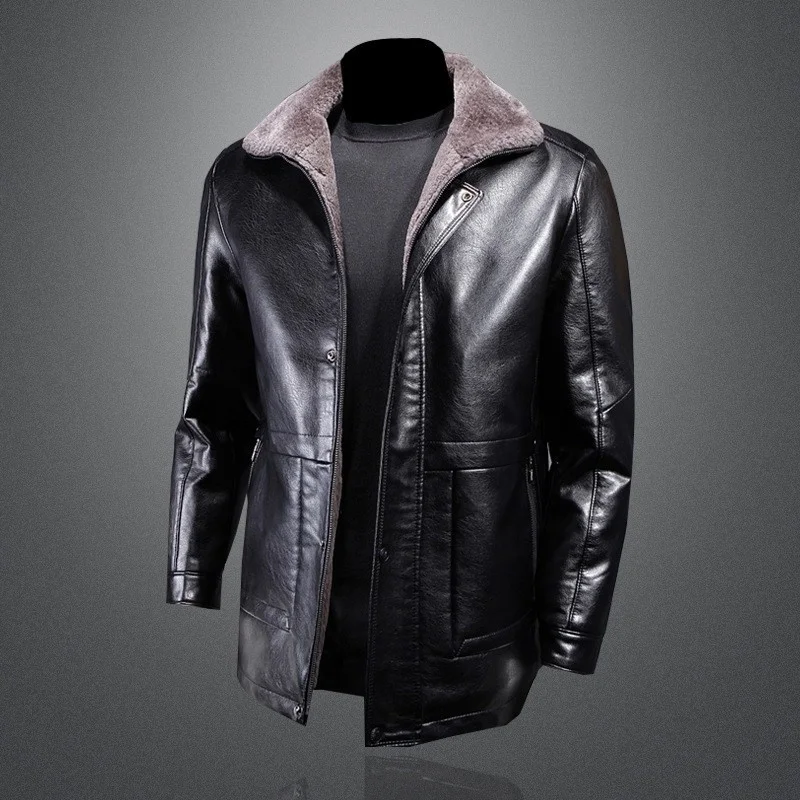 Vintage Classic Pu Leather Jacket Men Winter Punk Fleece Lining Warm Motorcycle Biker Coat Slim Zipper Casual Lapel Outerwear