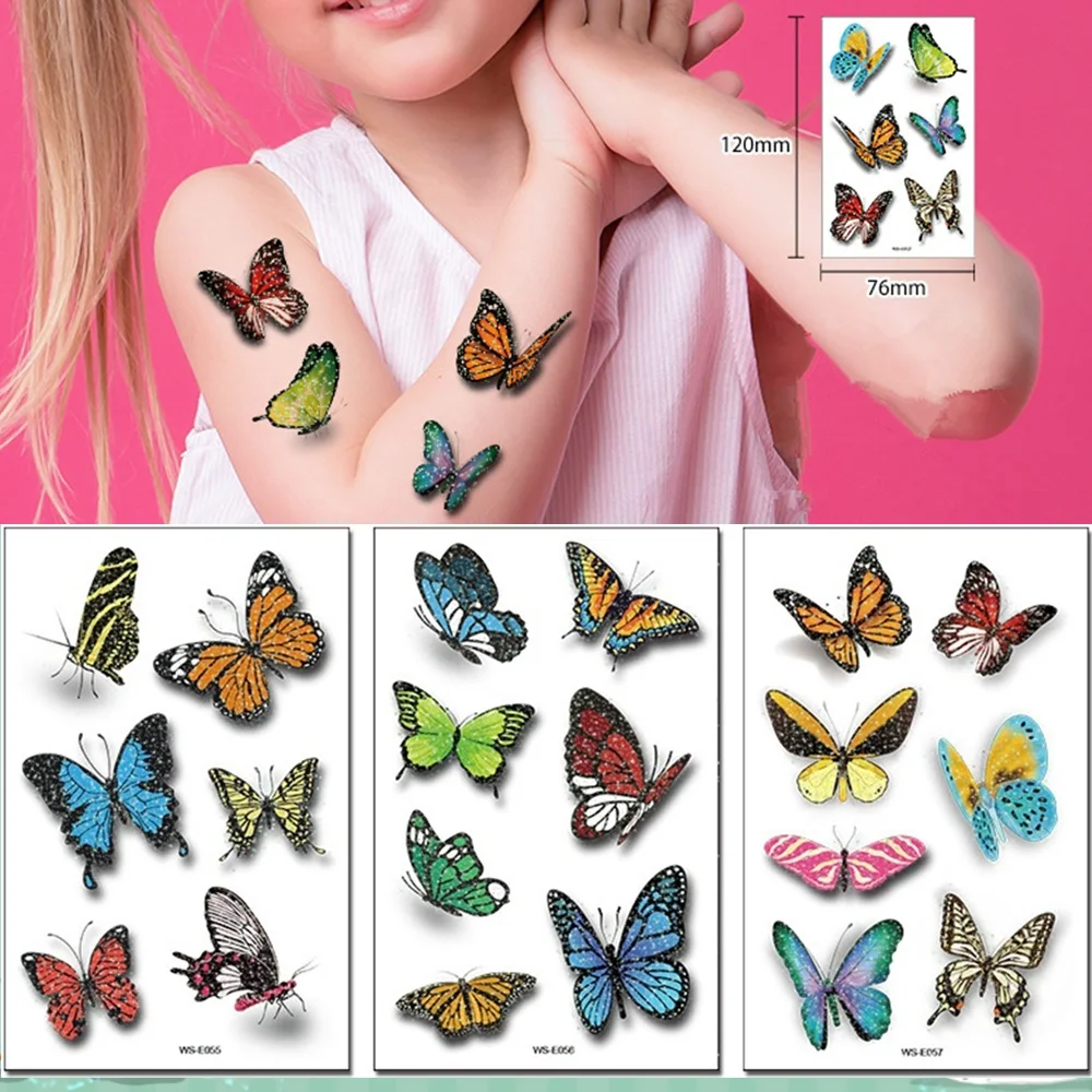 6 Kinds Glitter Powder Tattoos 3D Simulated Butterfly Temporary Body Stickers Disposable Children Adults Party Makeup