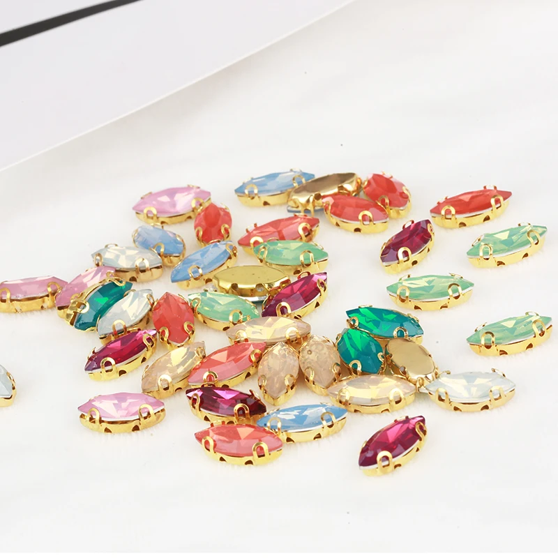 20pcs Navette Mixed Color White/Pink/Green/Blue Opal Rhinestone Gold Claw Sew-on Stones Jewel Beads for Garment  DIY Accessories