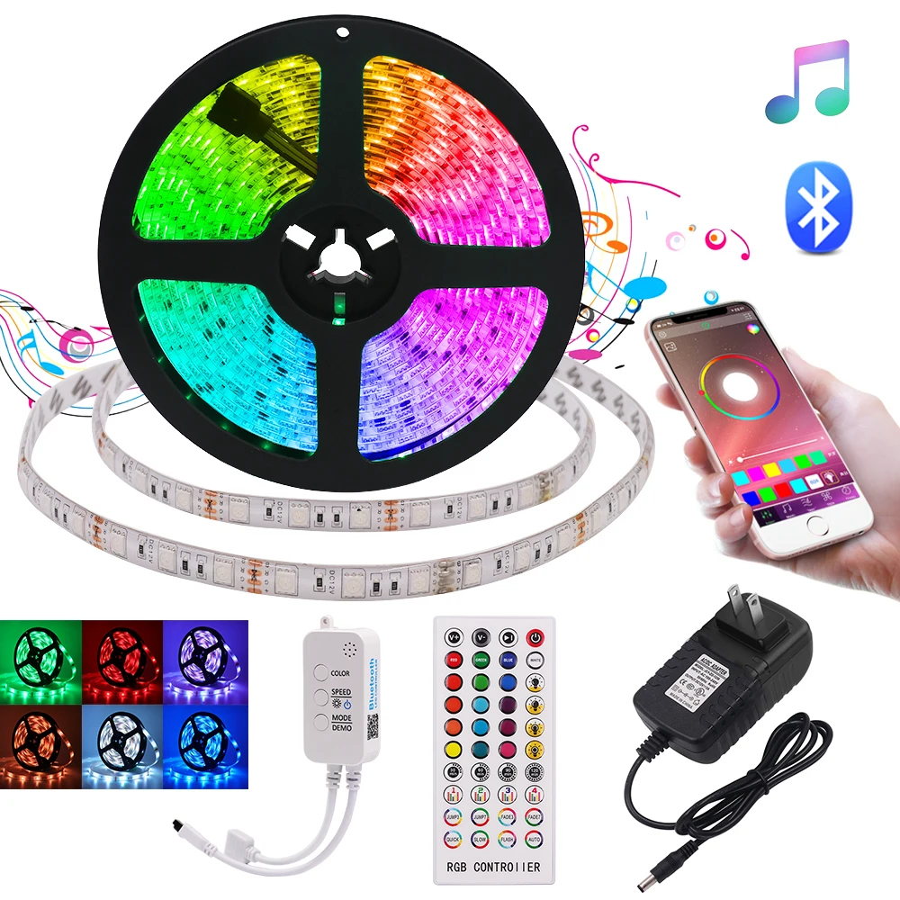 

RGB Светодиодная лента 12 В постоянного тока 60 светодиодов/м IP21 IP65 Водонепроницаемый гибкий Bluetooth музыкальный контроль 5050 Светодиодные лампы US/EU/UK/AU комплект 5 м 10 м
