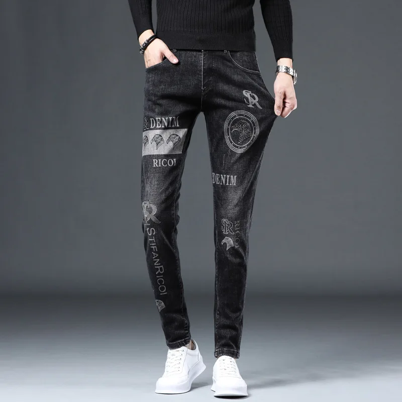 Autumn Men's Black Slim-fit Straight Elasticity Match Loose Jeans Stretch Denim Pants Korean Style Trousers Mid-waist