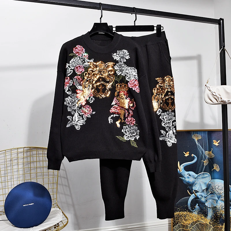 White Black Knitted Tracksuits Women Outfits Autumn Fashion Sequins Flowers Pullover Sweater Pencil Pants Two Piece Set Female