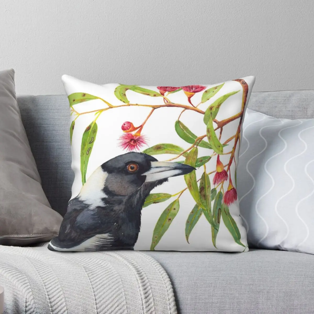 Australian Magpie Eucalyptus Blossoms Square Pillowcase Polyester Linen Velvet Pattern Zip Decor Sofa Cushion Cover 18