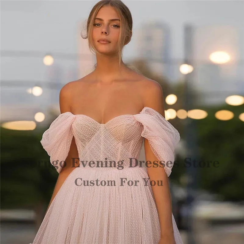 Verngo Off the Shoulder Pink Dot Tulle Prom Dress, querida mangas curtas, vestidos de noite, chá de comprimento, vestidos de festa, 2021