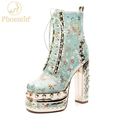 Phoentin Luxury crystal super high heels wedding party shoes women's silk embroidery flower platform ethnic Ankle boots FT1736