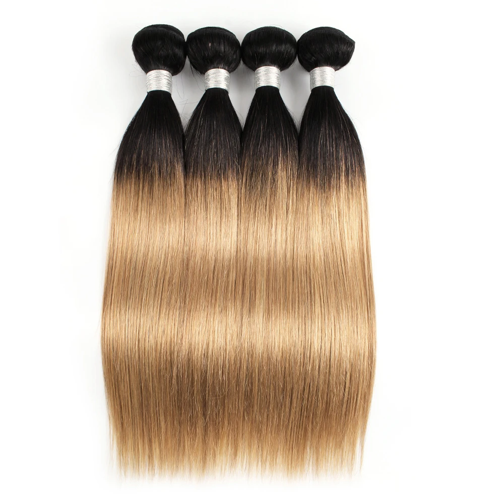 Kisshair-mechones de pelo liso T1B27, 2 tonos, ombré, rubio miel, con raíces oscuras, extensión de cabello humano brasileño precoloreado