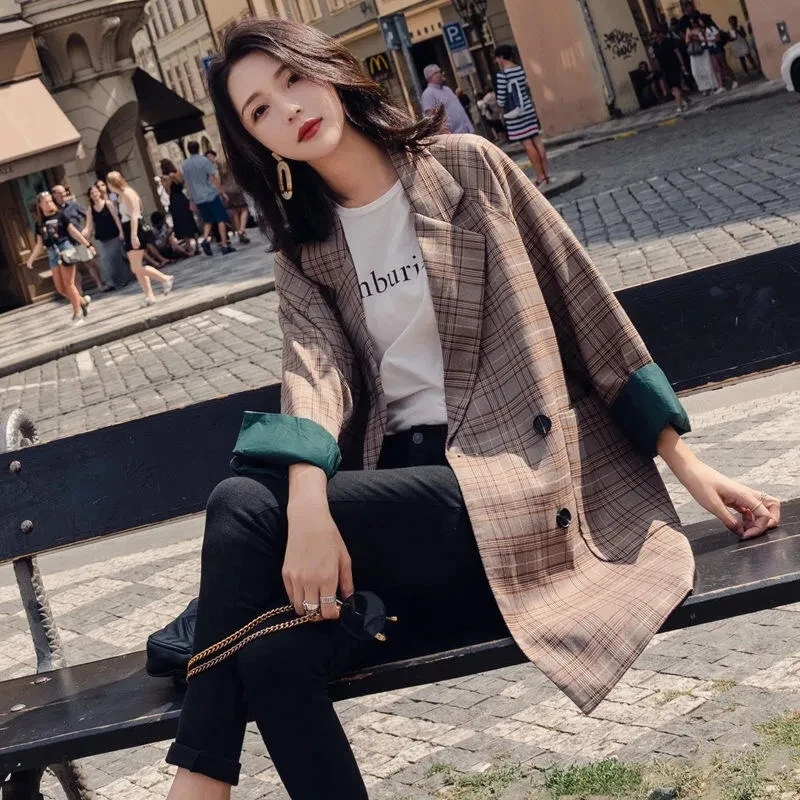 

Women Fashion Office Wear Double Breasted Check Blazers Coat Vintage Long Sleeve Pockets Female Outerwear Chic Tops Korean Coats