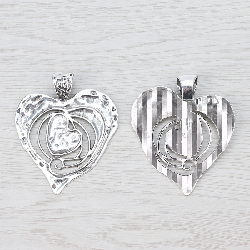 2 x Tibetan Silver Large Open Hammered Heart Charms Pendants for DIY Necklace Jewelry Making Findings Accessories 73x62mm