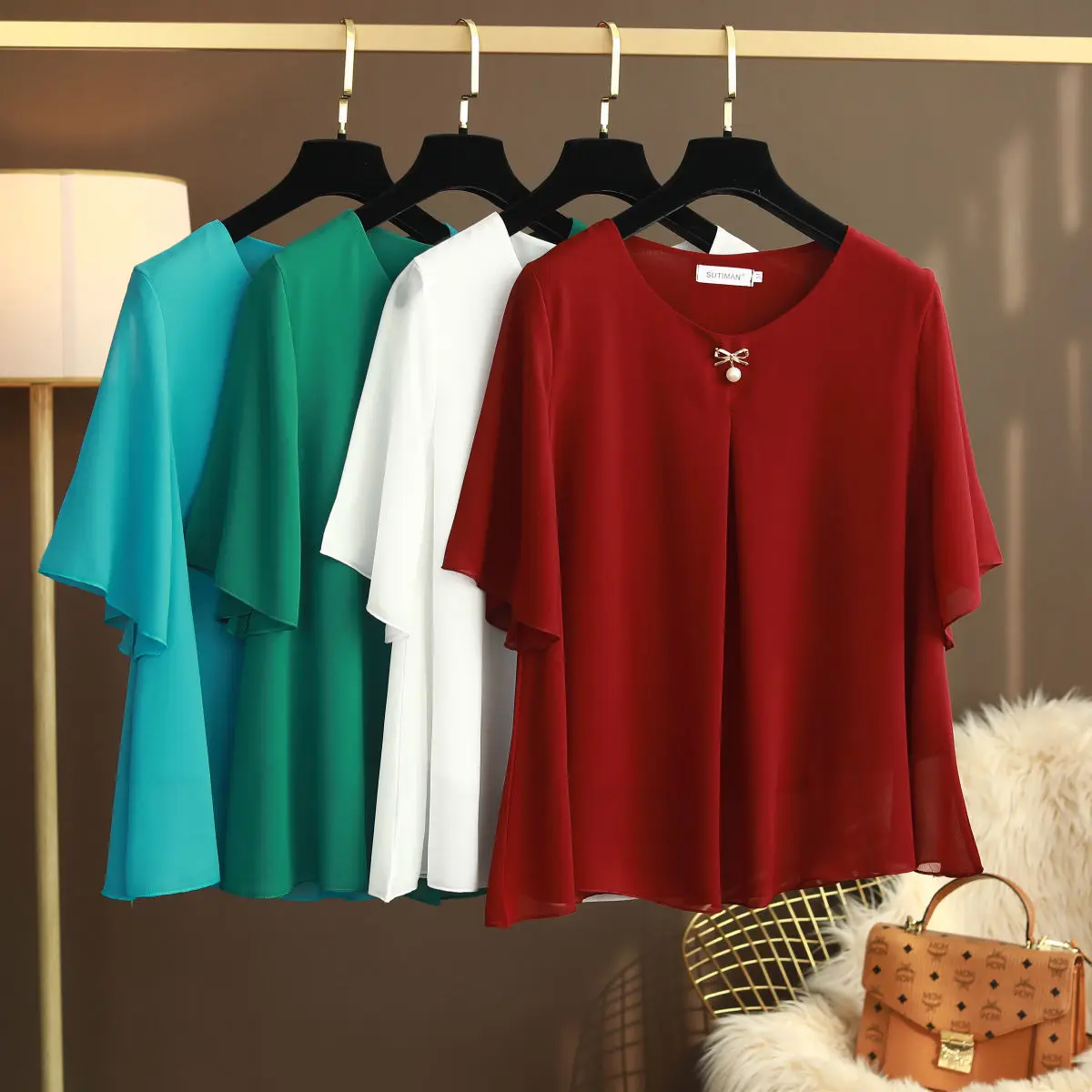 Béo Phì Nữ Áo Voan Plus Kích Thước 6XL 2022 Mùa Hè Mới Ngắn Tay Rời Chắc Chắn Áo Sơ Mi Áo Blusa De Talla Grande