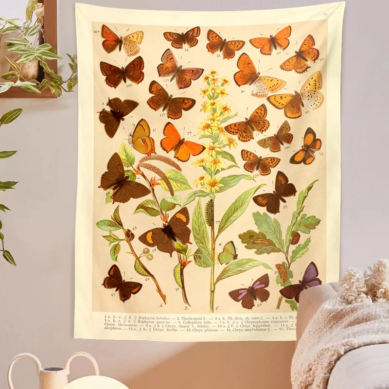 Retro Butterfly Reference Chart Tapestry Wall Haning Botanical Illustrated Antique Wall Decor Farmhose Decor Vintage Wall Art