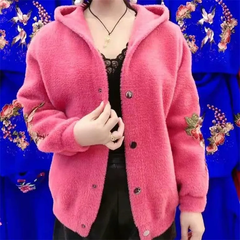 2023Autumn Winter New Imitation Mink Velvet Women Hooded Embroidered Wool Thick Coat Fashion Was Thin Net Red Hot Models A664