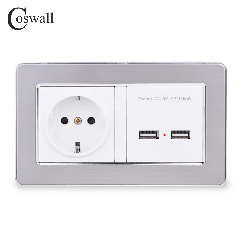 COSWALL Wall Socket EU Standard Power Outlet With Dual USB Smart Induction Charge Port For Mobile 5V 2.1A Stainless Steel Panel