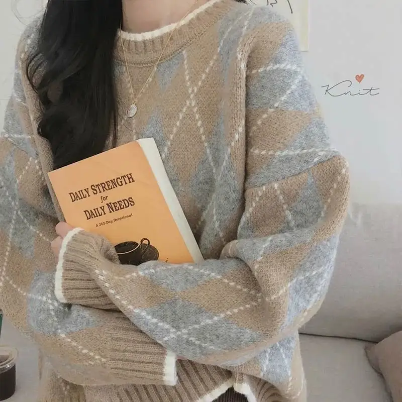 Women Knitted Sweater Fashion Oversized Pullovers Winter Argyle Loose Sweater Korean College Style Women Jumper Sueter Mujer