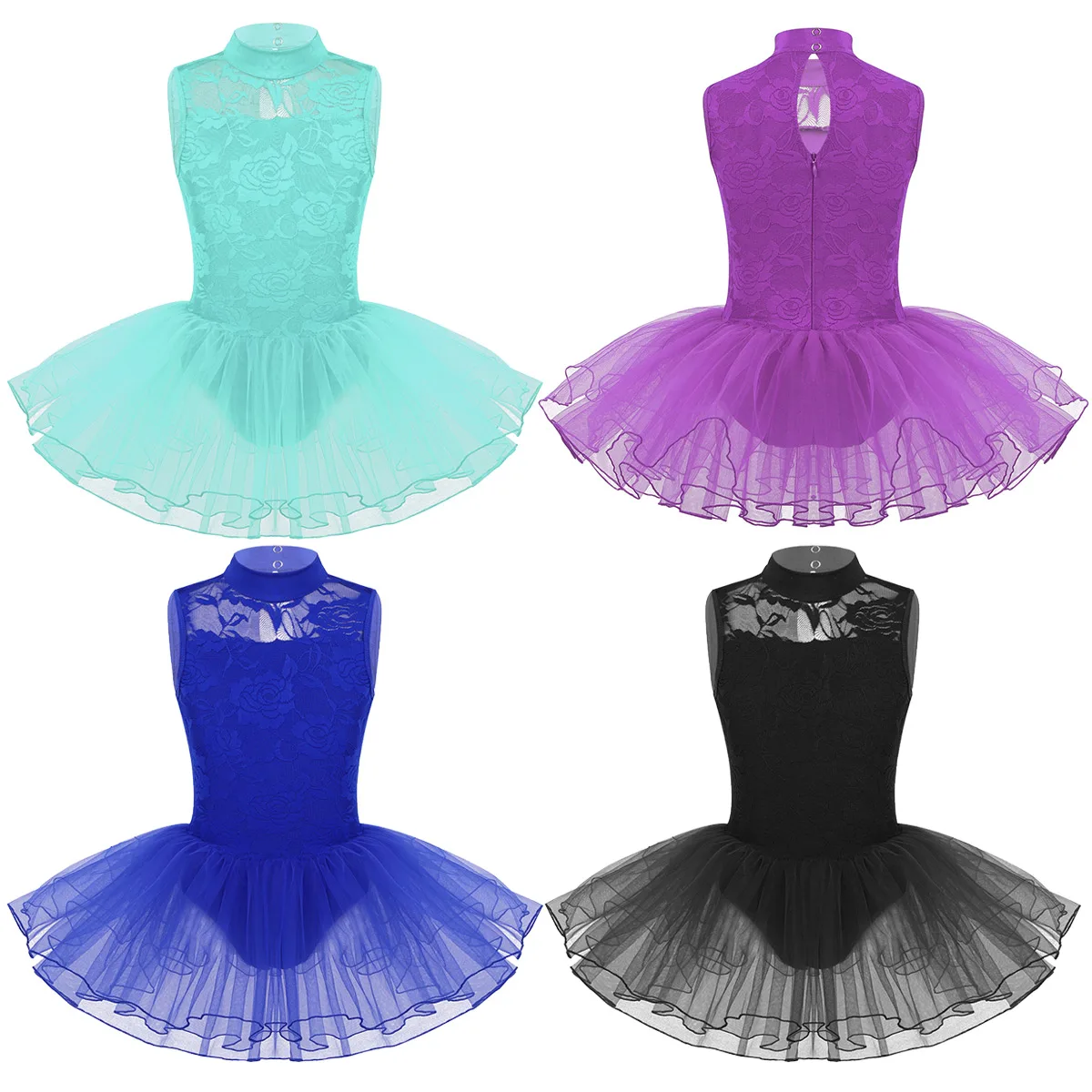 Trẻ Em Bé Gái Giả Cổ Ren Váy Múa Đầm Trẻ Em Lỗ Khóa Lưng Có Dây Kéo Tập Thể Dục Leotards Lưới Váy Tutu Ballerina Trang Phục