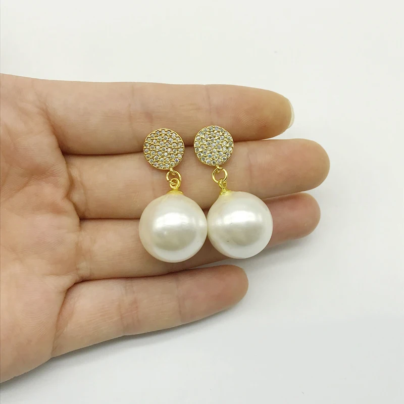 

5Pairs/lot Handmade Round Shell Pearl Drop Dangle Earrings Zirconia Paved Earrings For Girl Friend Gift