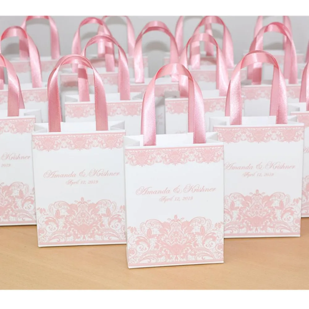 Personalized  Blush Wedding Welcome Bags with satin ribbon and your names, Elegant  paper bags for wedding favors for guests