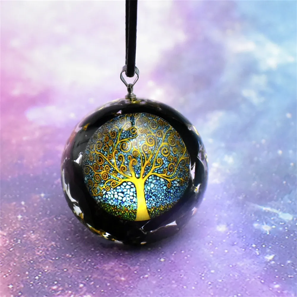 Ogan Energy Black Tourmaline Tree of Life Pendant Necklace Orgonite Crystal Quartz Crushed Stone Resin Domed Healing Yoga Jewelr