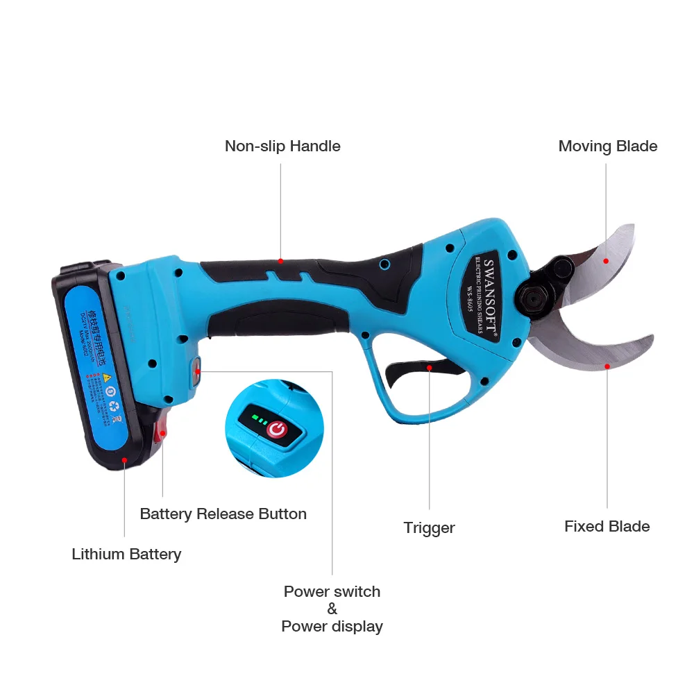 SWANSOFT Professional Cordless Electric Pruning Shears 8605 Power Cutter Tool Orchard Scissors Garden Tree Branch Pruner