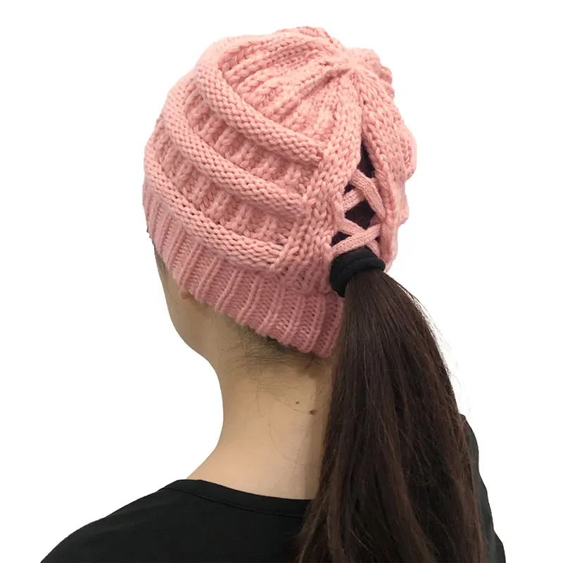 New Adult Women's Hats Wool Knitted Hat Autumn Winter Warm Brand Skullcap Female Cross Ponytail Cap Skullies Beanies