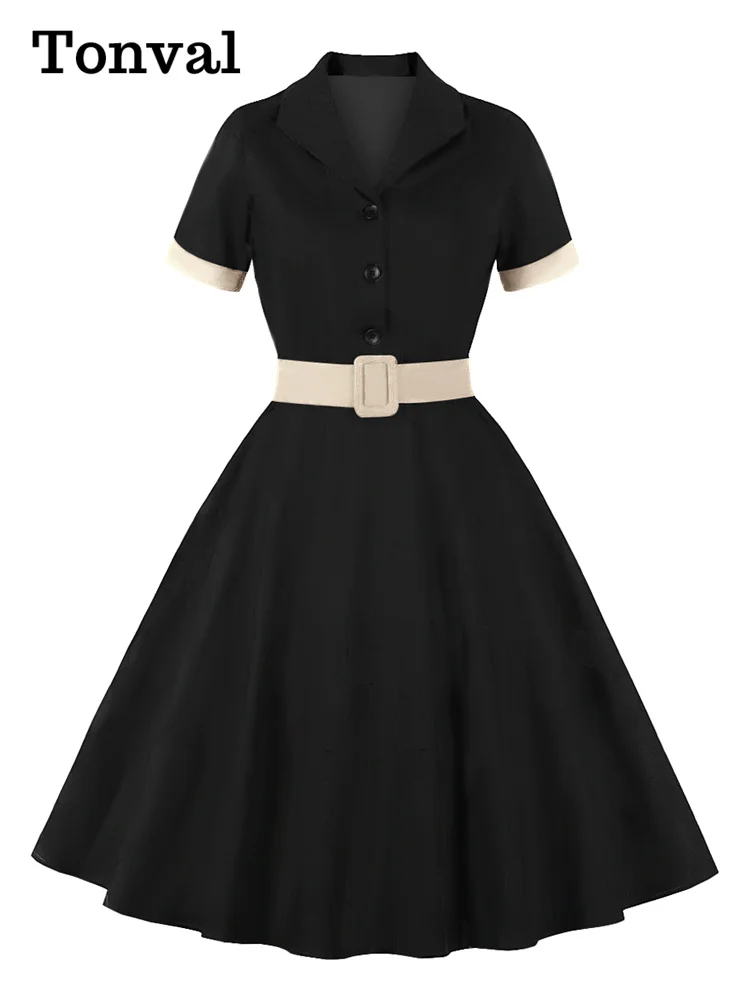 Tonval Women Cotton Rockabilly Vintage Belt Dress Turn-Down Collar Short Sleeve A-Line Summer Dresses Solid and Plaid