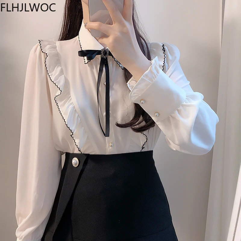 Women\'s Ruffles Cute Bow Tie Tops Preppy Style Vintage Japanese Korea Design Button Elegant Formal White Shirts Blouses