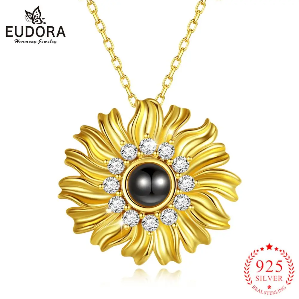 EUDORA 925 Sterling Silver Summer gold Color sunflower Pendant I love you 100 language Necklace with box Fine Jewelry for Women