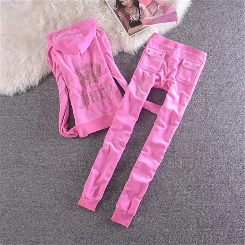 Juicy Lovers Brand Autumn Women Sporting Suits Navy Blue Gray Pink Velvet Women Tracksuits Hooded Collar Jogging Sportswear suit