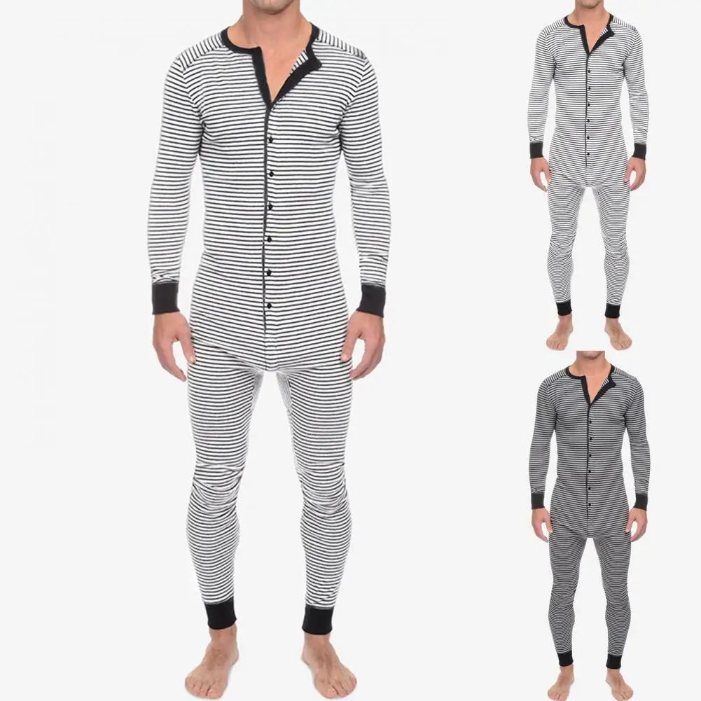 Men Underwear Pajama Skinny Striped Jumpsuit Long Sleeve O Neck Buttons Romper Sleepwear Overall Wholesale Onesies- Pajama Set