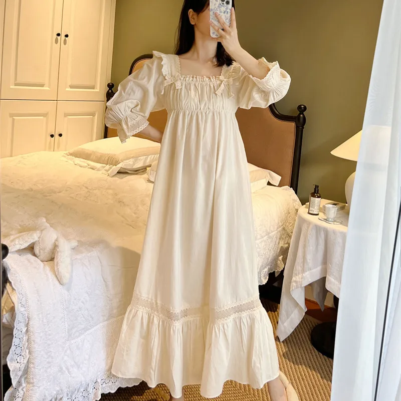 New  Elegant Sweet Cotton Long Nightgowns For Women Long Sleeve Vintage Embroidery Nightshirts Comfortable Night Dress