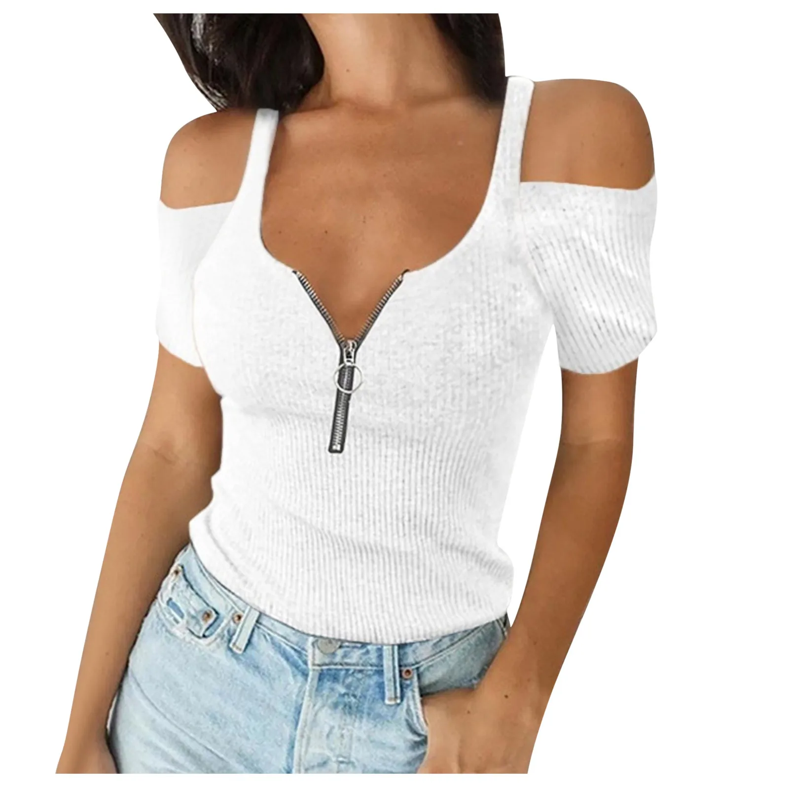 Blusa Sexy con cuello en V para mujer, camisa con cremallera, Tops informales para mujer, Tops de Color sólido para mujer, blusa con hombros descubiertos