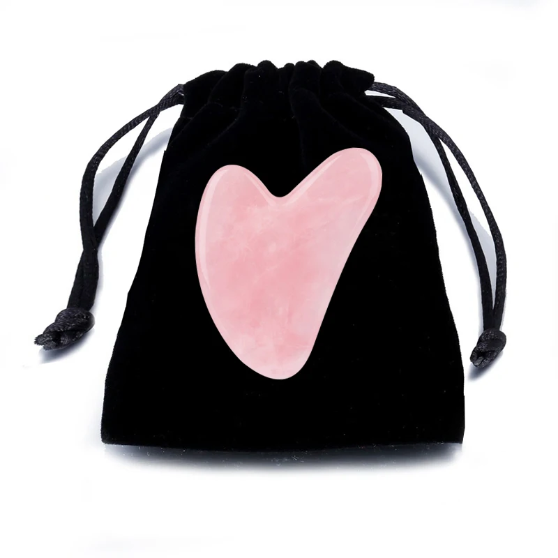 

Набор для массажа гуаша из натурального розового кварца и нефрита: скребок для лица, спины и глаз, с черным бархатным мешочком