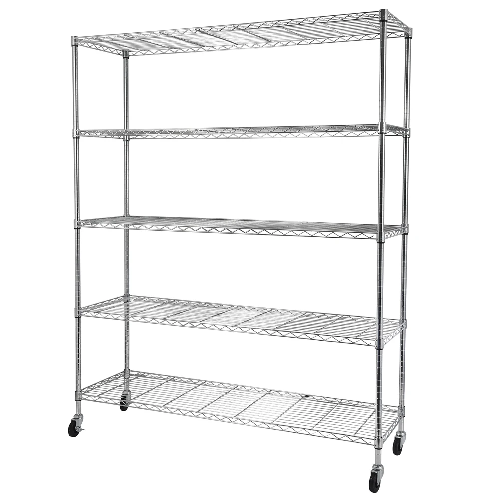 5-Tier Steel Wire Shelving Unit Heavy Duty Storage Rack Stand Chrome-Plated UltraDurable Commercial-Grade with Wheels[US-Stock]