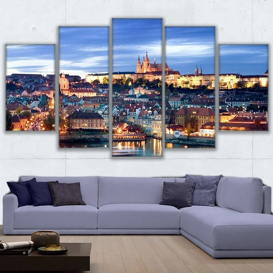 

Modular Wall Art Canvas Paintings Home Decor Framework 5 Pieces Overlooking Prague Landscape Pictures Living Room Castle Poster