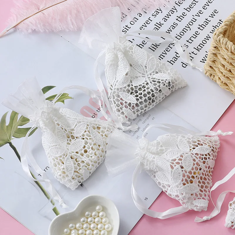 10x14cm Hollowing Out White Leaf Cotton Bag Organza Drawstring Bag Gift Bags Jewelry Bags Candy Cookies Bag Packing Pouch 24pcs