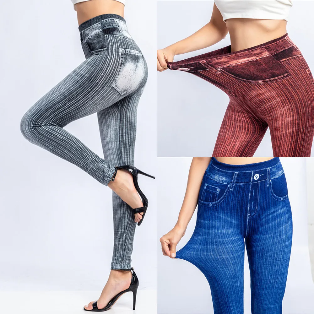 Yrrety calças de treino feminino elástico yoga fitness esportes sem costura leggings falso denim jeans listra cintura alta empurrar para cima calças