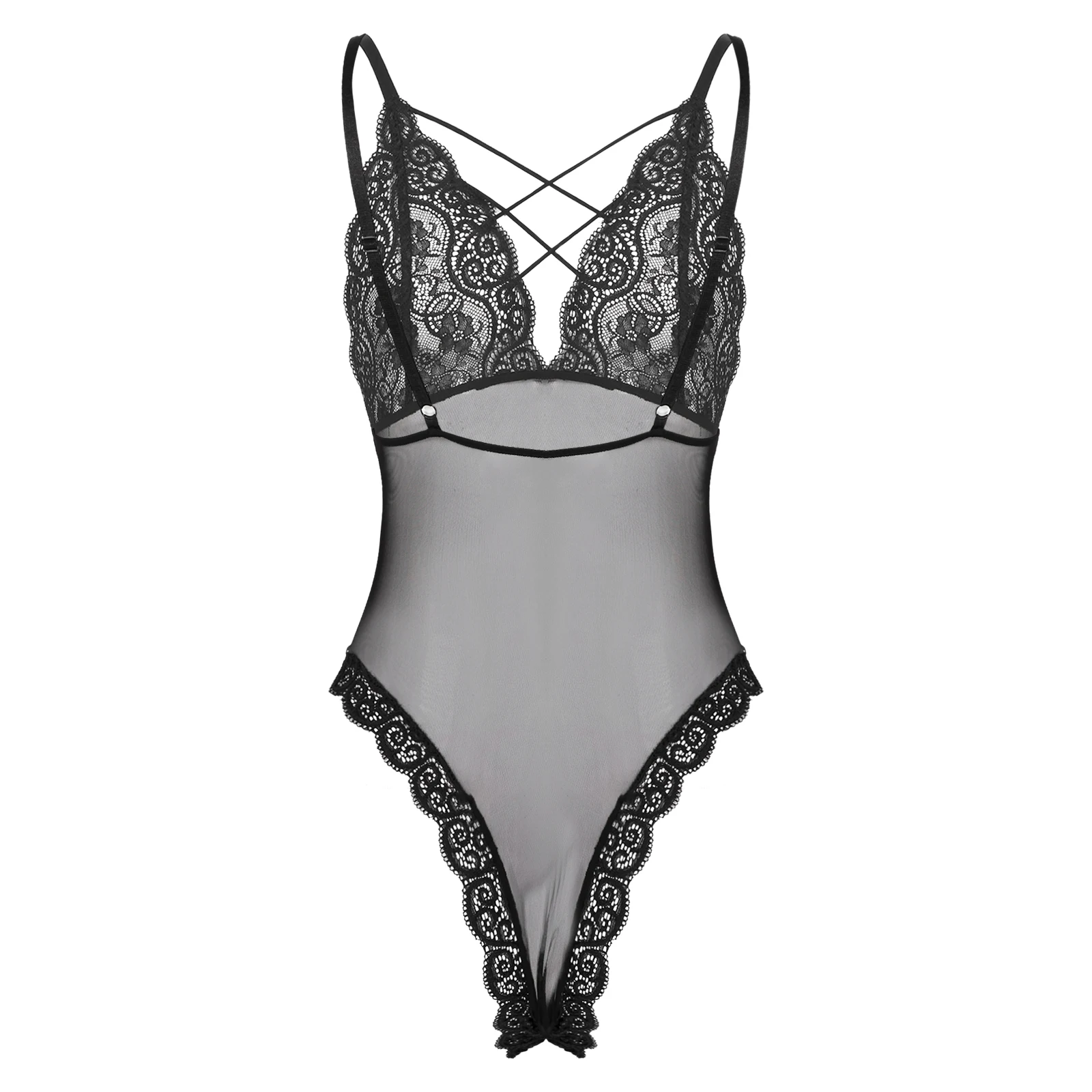 Men Sissy Lingerie See-through Mesh Lace Patchwork Bodysuit Underwear Crisscross Strappy Adjustable Straps Leotard Jumpsuit