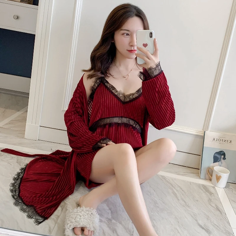 Sexy nightgown sling nightdress 2PCs bathrobe gold velvet lace fashion home service pregnant women underwear ночнушка new 2020