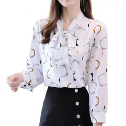 Women Digital Print Long Sleeve Blouse Top Buttons Cuff Necktie Bowknot Pullover Women's Clothing chemise femme рубашка женская