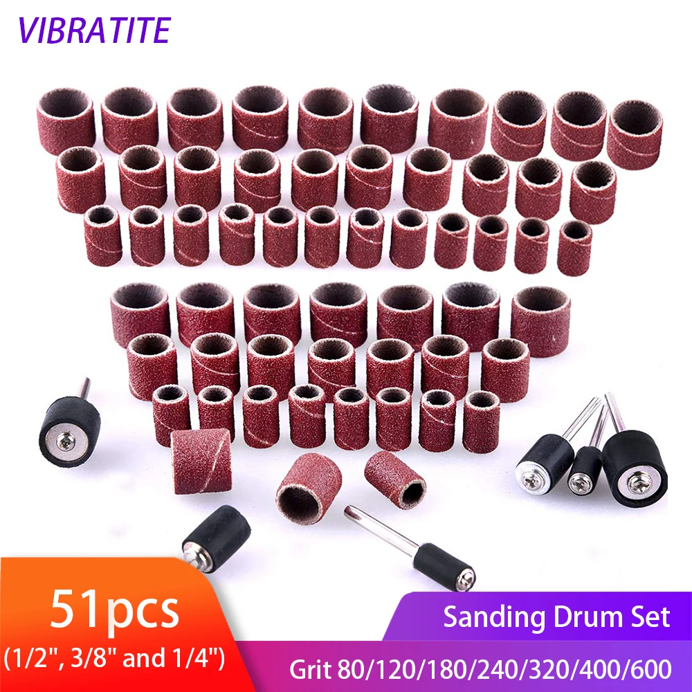 

51Pcs Sanding Drum Kit 80-600Grit Drum Sander Nail Sanding Band Sleeves With Drum Mandrels for Dremel Rotary Tool