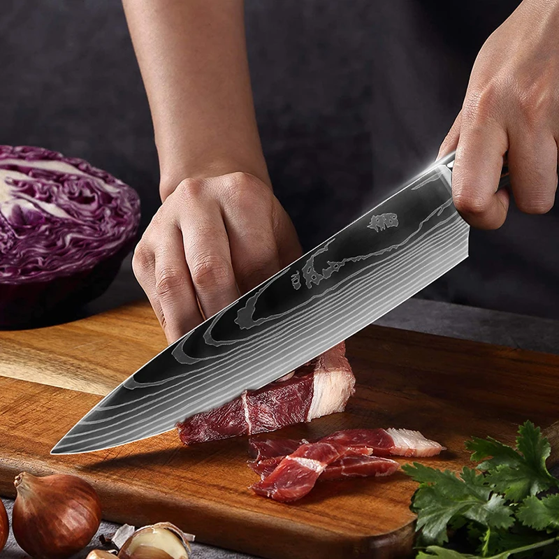 Kitchen Knives 7CR17 440C Stainless Steel Knife Laser Damascus Pattern Japanese Santoku Cleaver Slicing Utility Chef Knife