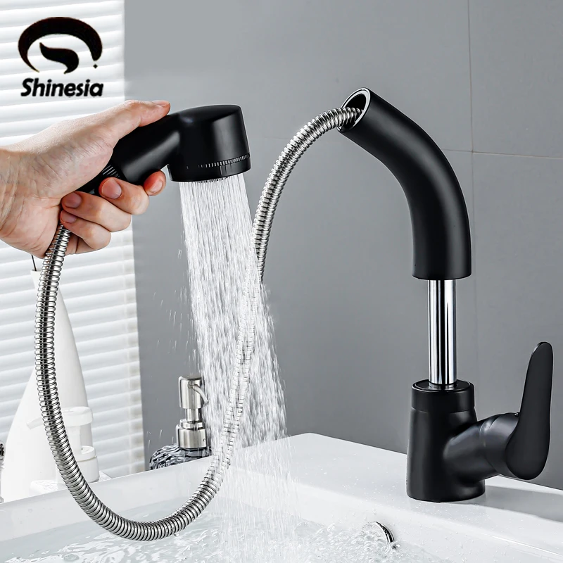 Shinesia Matte Black Bathroom Basin Faucet Pull Out Spout Rotatable Liftable Body Deck Mounted Hot and Cold Water Mixer Tap