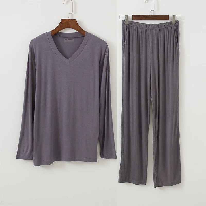 Conjuntos de pijama de manga comprida modal masculino, tops de primavera, calças, roupa de casa, respirável, sleepwear macio, plus size, 8XL